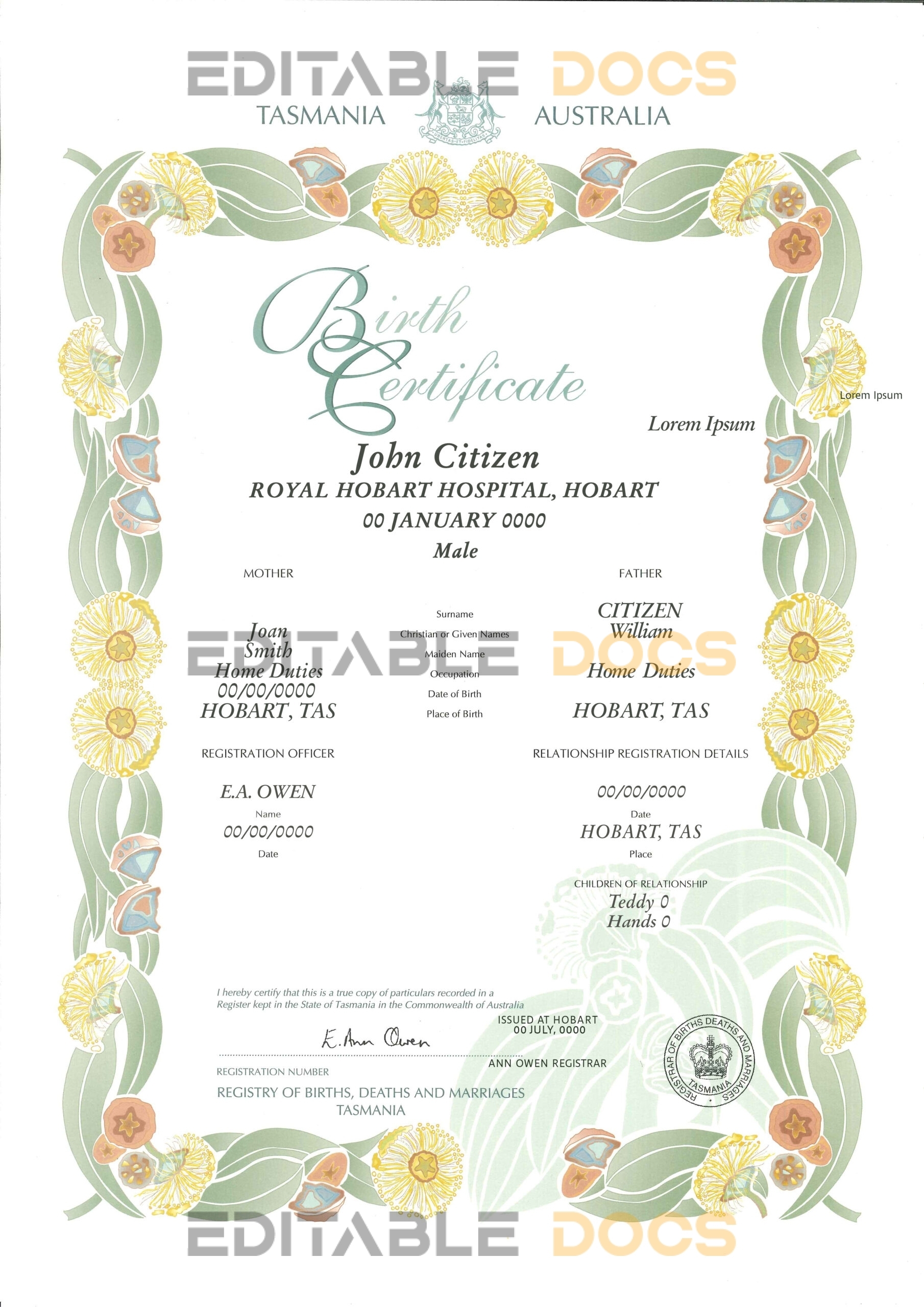 Authentic Australian South Australia decorative (commemorative) Birth Certificate Template | Customize and Download Online