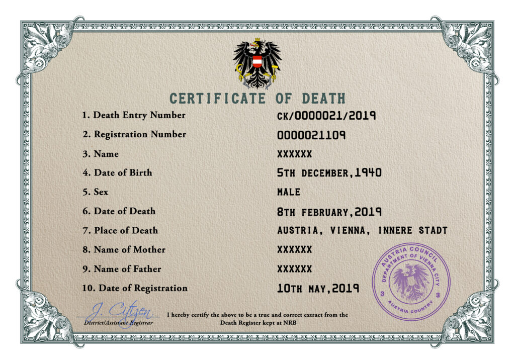 Austria death certificate PSD template, completely editable