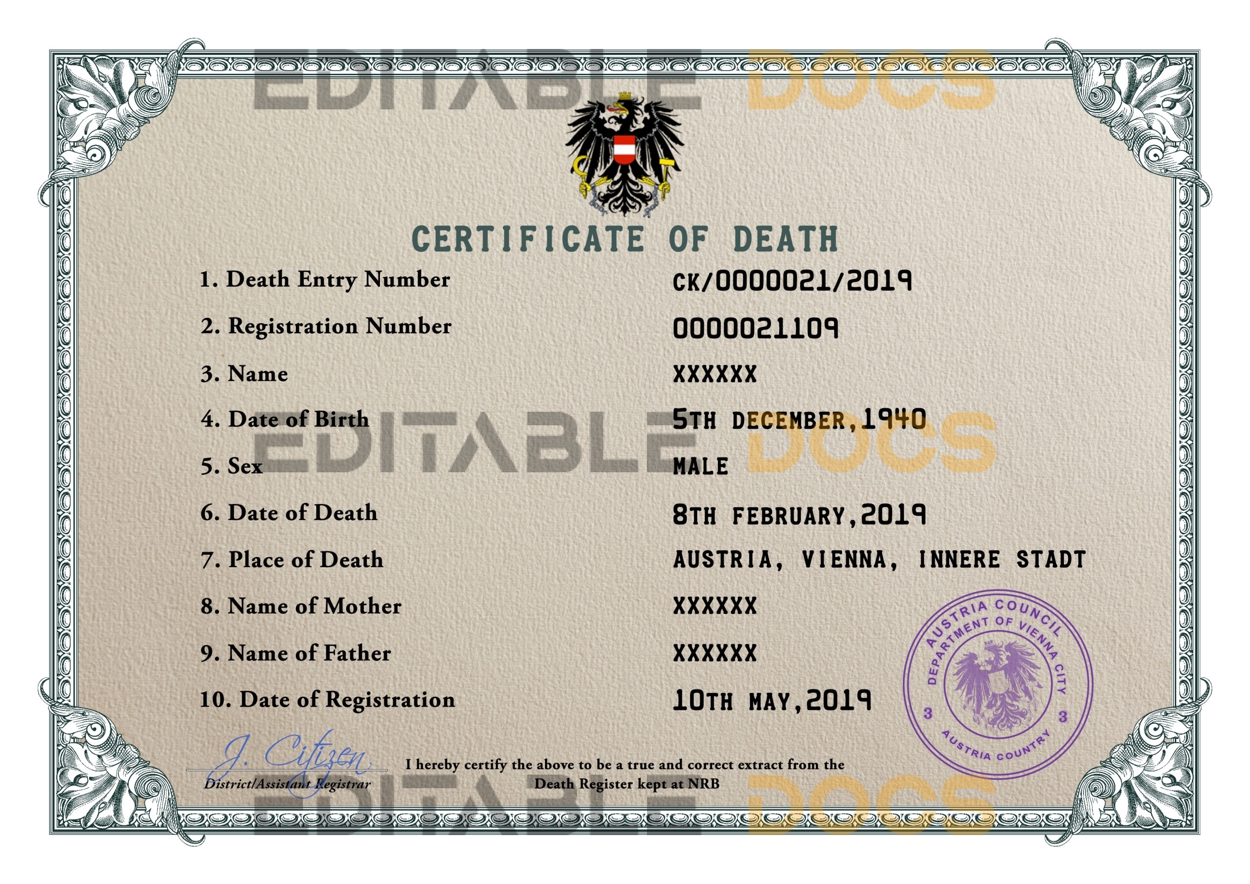 Customizable Austria Death Certificate PSD Templates | Instant Download