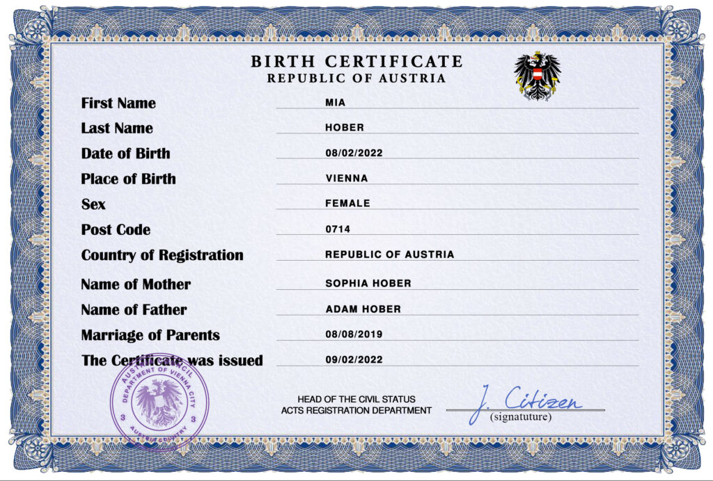 Authentic Austria Birth Certificate Template | Customize and Download Online