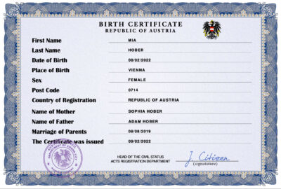 Authentic Austria Birth Certificate Template | Customize and Download Online