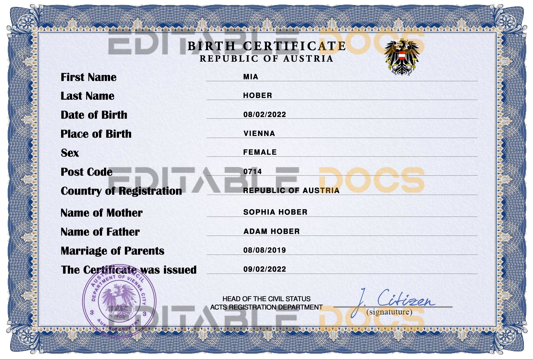 Authentic Austria Birth Certificate Template | Customize and Download Online