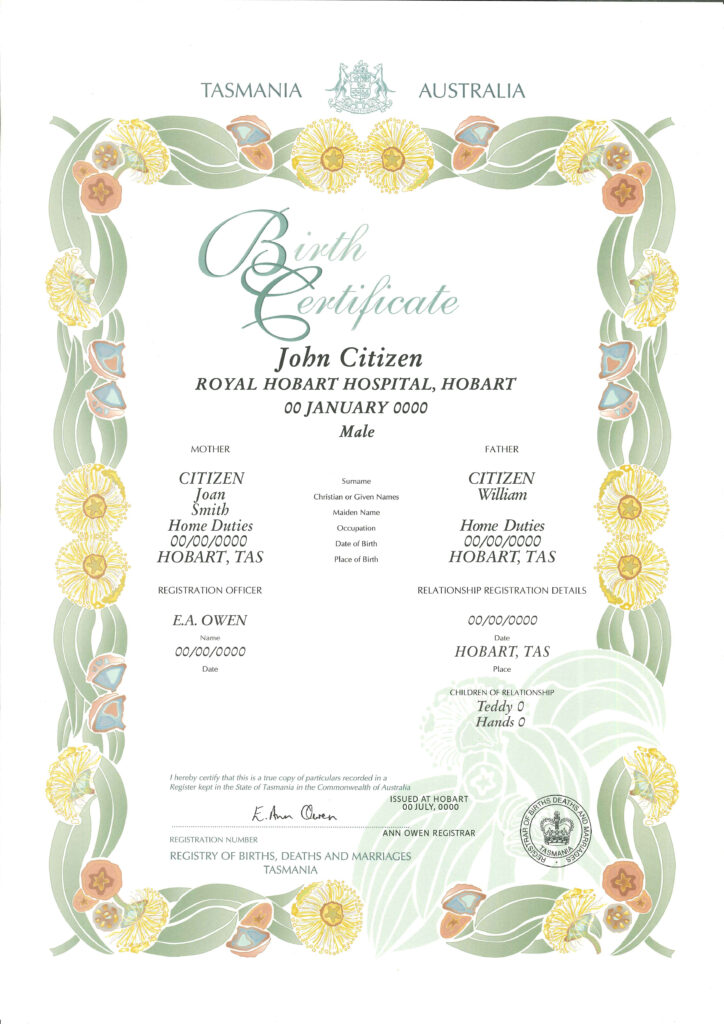 Australia Tasmania decorative (commemorative) birth certificate template in PSD format, fully editable