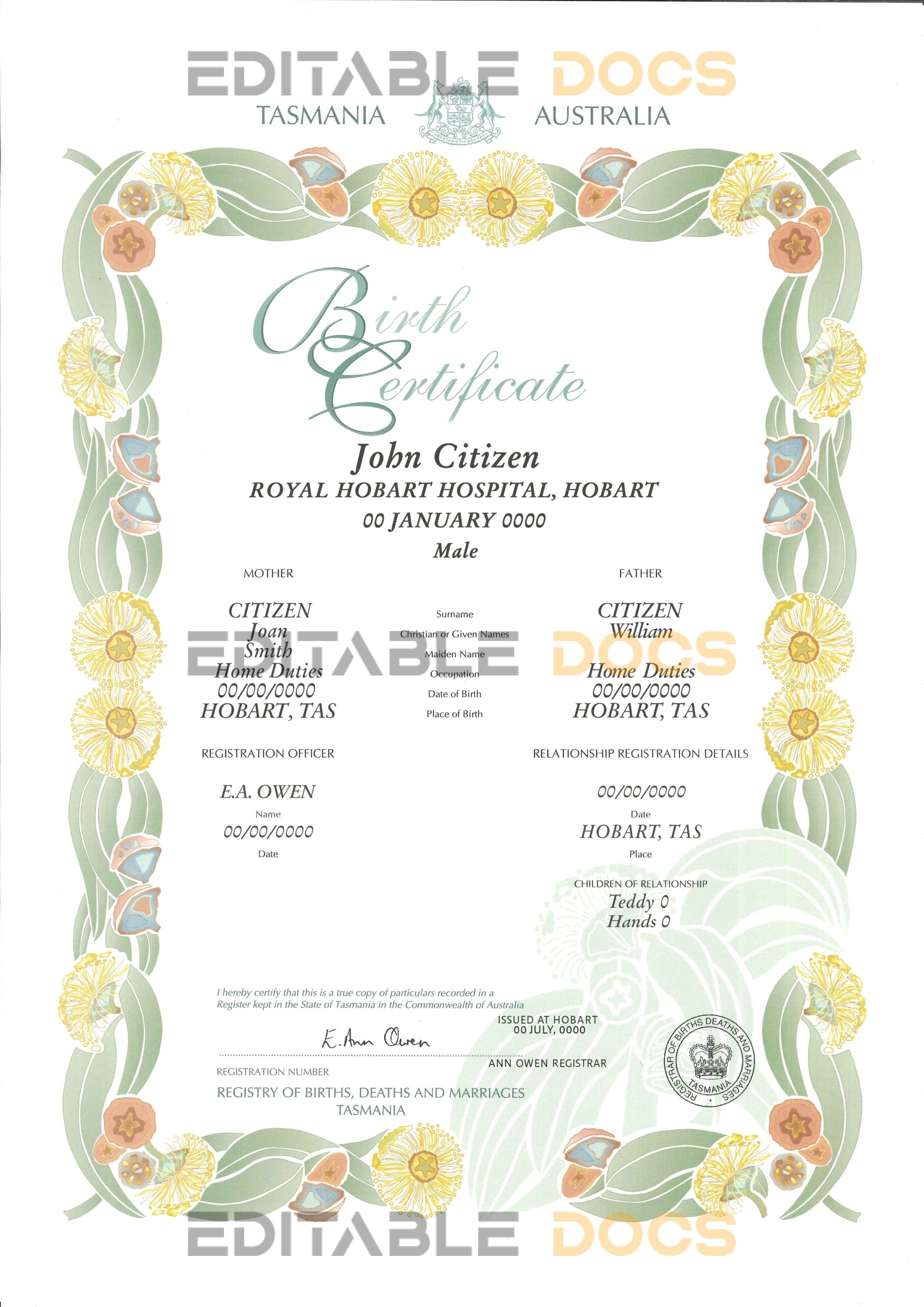 Authentic Australia Tasmania decorative (commemorative) Birth Certificate Template | Customize and Download Online