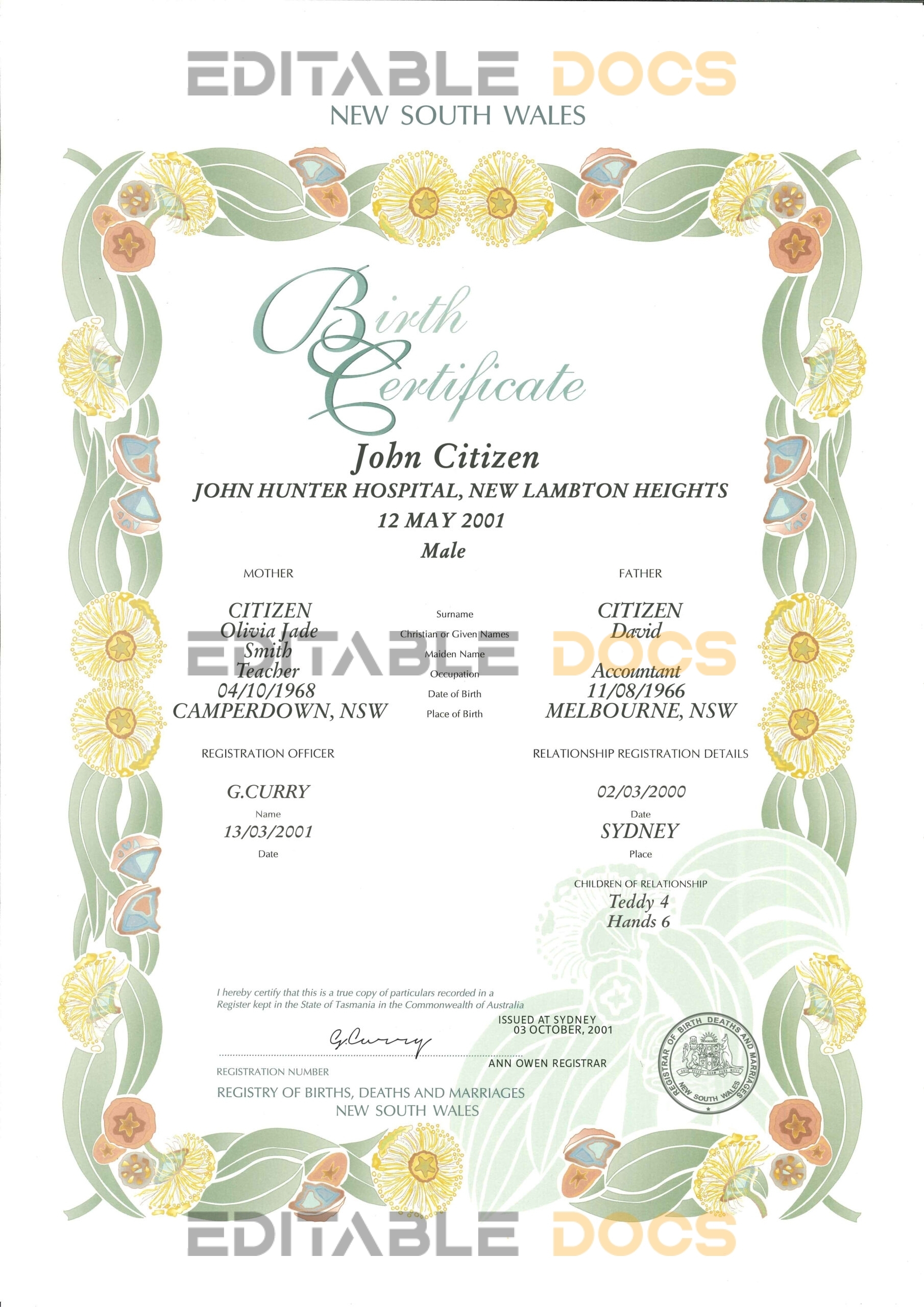 Authentic Australia Western Australia decorative Birth Certificate Template | Customize and Download Online