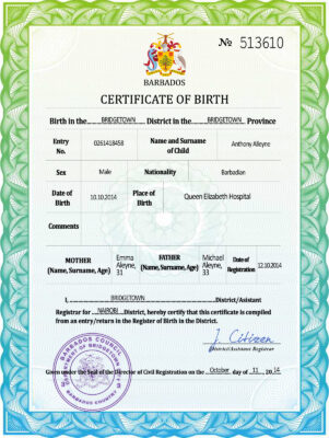 Barbados vital record birth certificate PSD template, completely editable