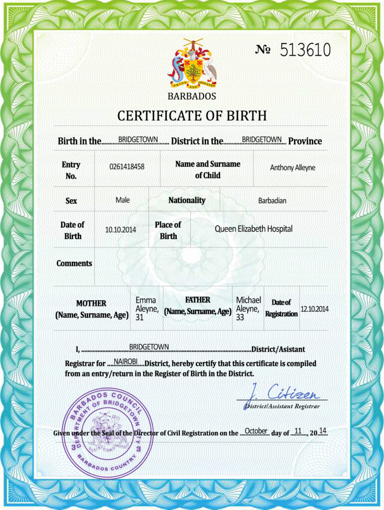Barbados vital record birth certificate PSD template, completely editable