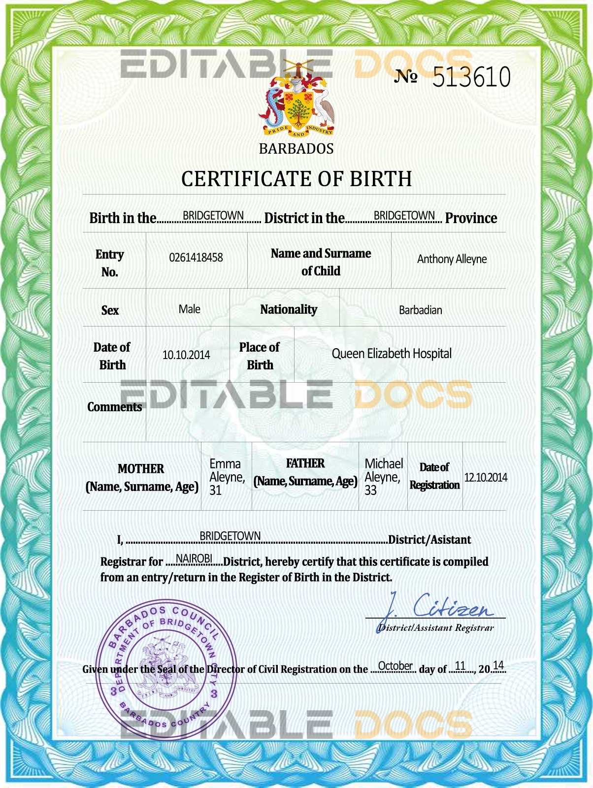 Authentic Barbados Birth Certificate Template | Customize and Download Online
