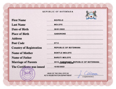 Authentic Botswana Birth Certificate Template Customize and Download Online