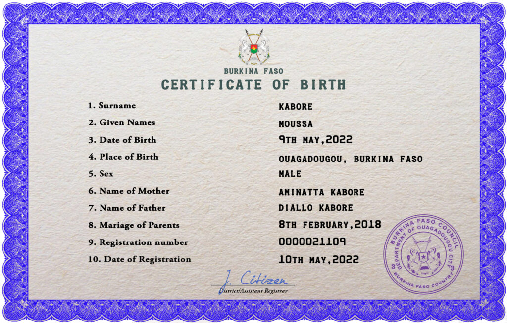 Burkina Faso vital record birth certificate PSD template, fully editable