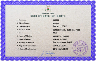 Burkina Faso vital record birth certificate PSD template, fully editable
