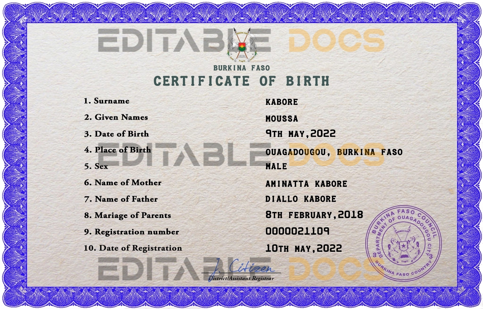 Authentic Burkina Faso Birth Certificate Template | Customize and Download Online