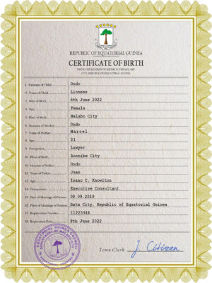 Equatorial Guinea birth certificate PSD template, completely editable