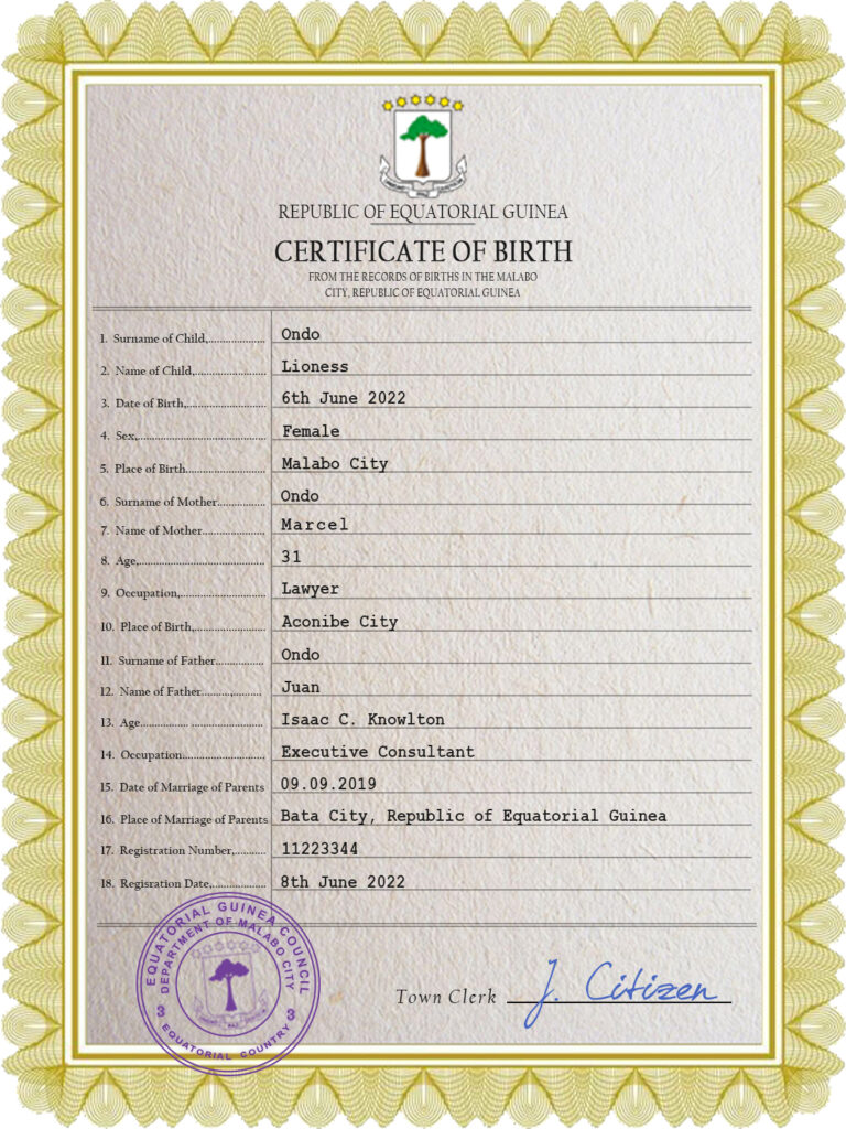 Equatorial Guinea birth certificate PSD template, completely editable