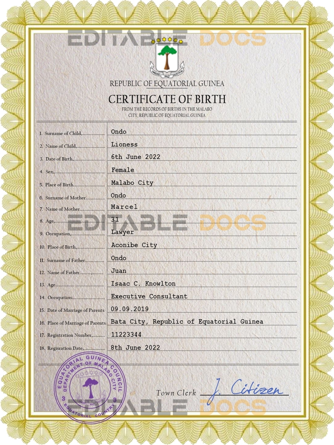 Authentic Equatorial Guinea Birth Certificate Template | Customize and Download Online