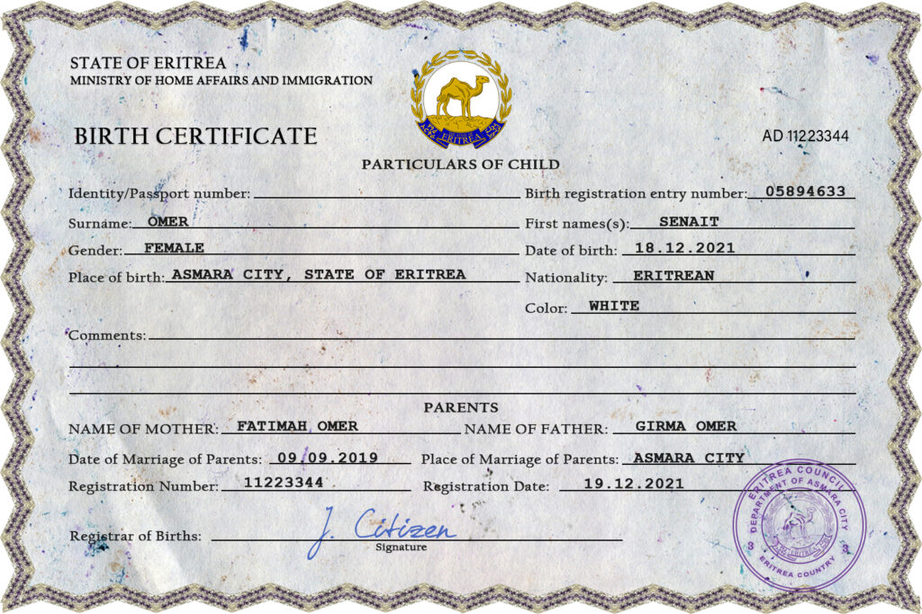 Eritrea vital record birth certificate PSD template, fully editable