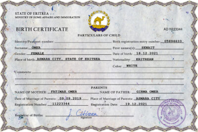 Eritrea vital record birth certificate PSD template, fully editable
