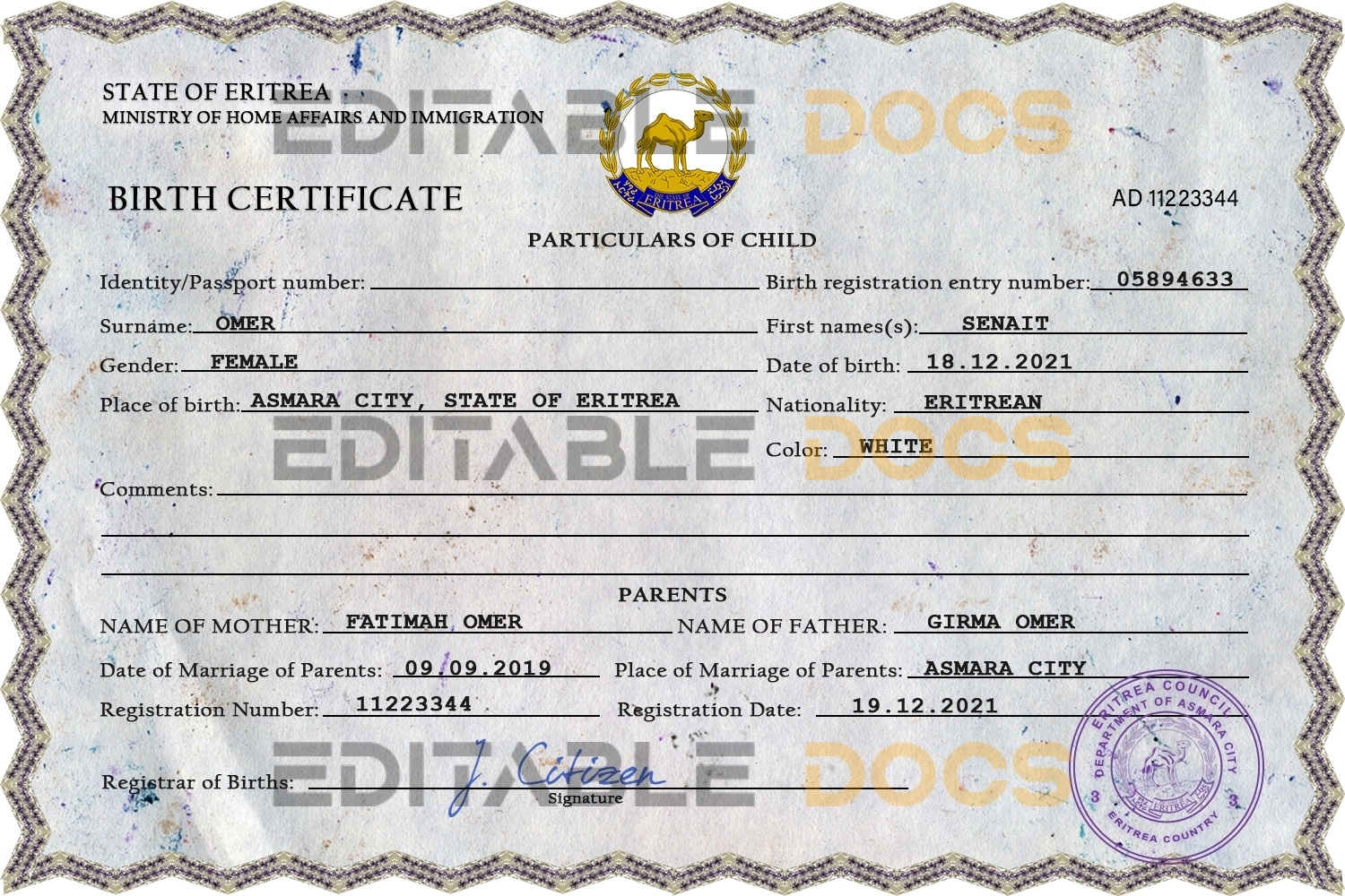 Authentic Eritrea Birth Certificate Template | Customize and Download Online
