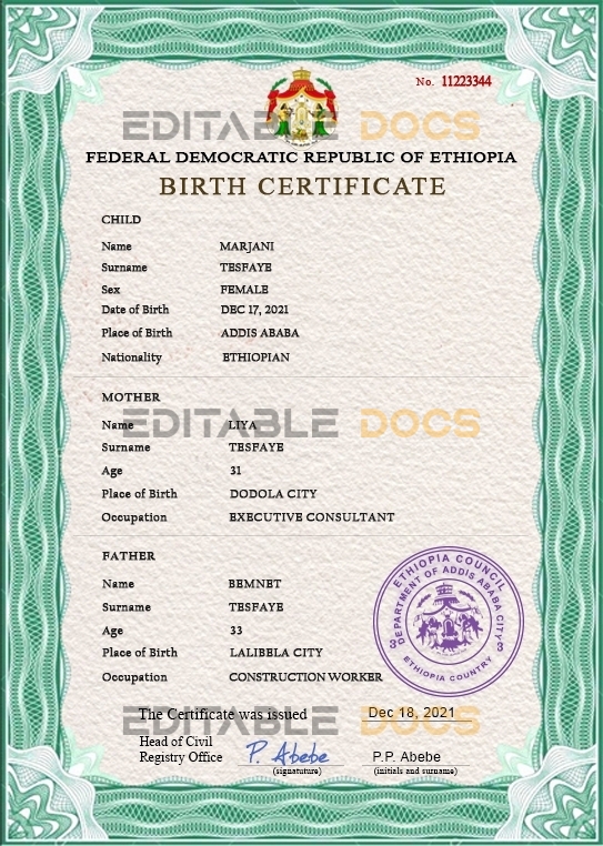 Authentic Ethiopia Birth Certificate Template Customize and Download Online
