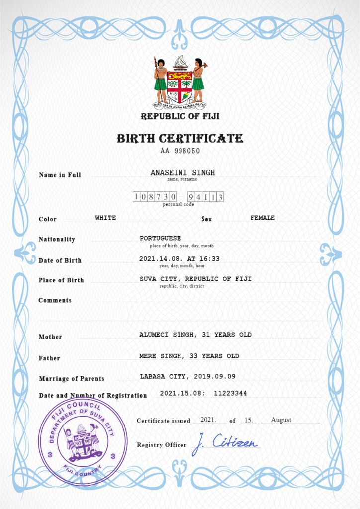 Authentic Fiji Birth Certificate Template Customize and Download Online