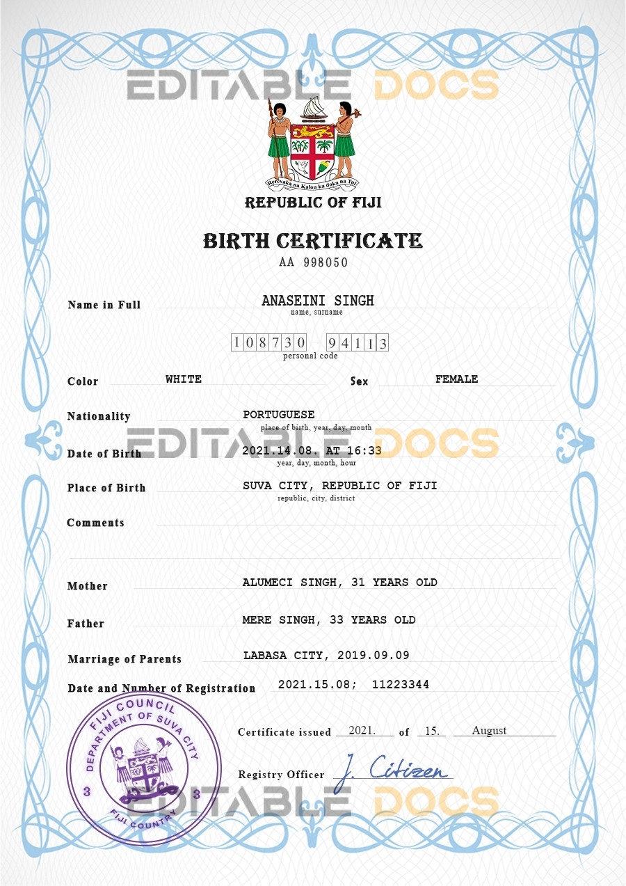 Authentic Fiji Birth Certificate Template | Customize and Download Online