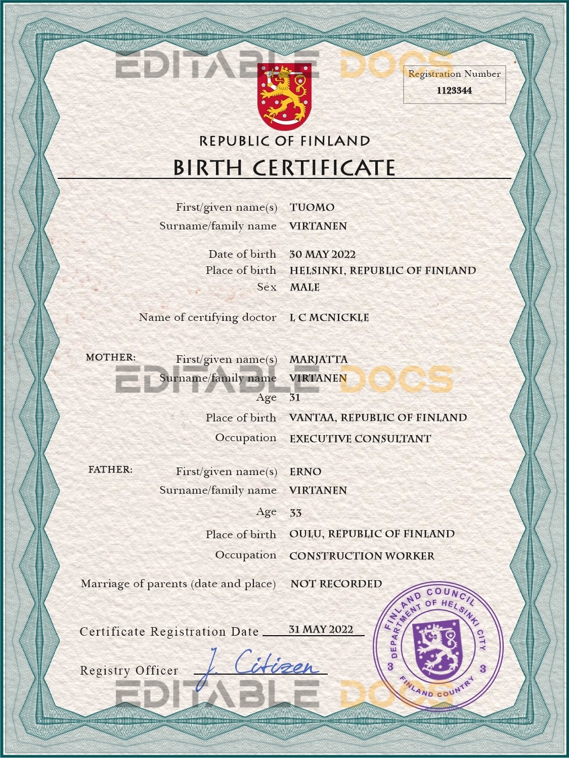 Authentic Finland Birth Certificate Template | Customize and Download Online