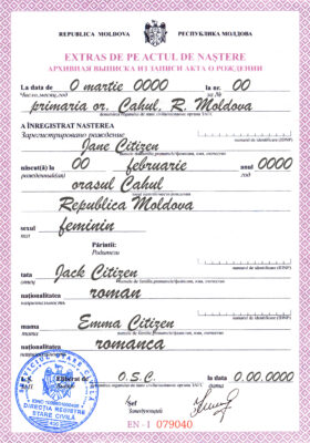 Moldova birth certificate template in PSD format, fully editable