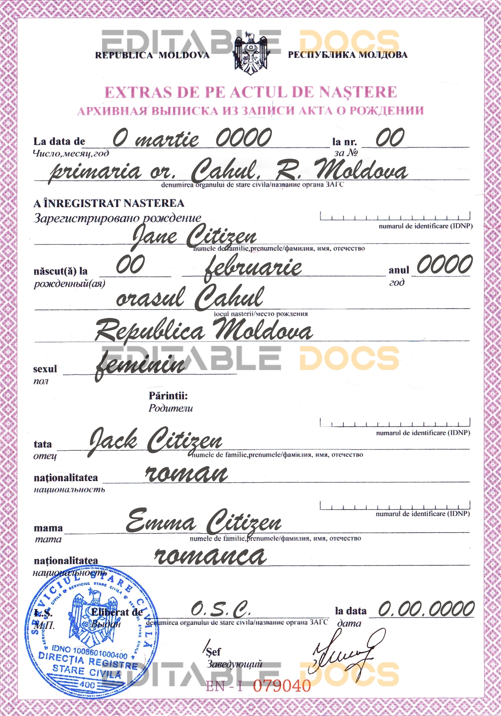 Authentic Moldova Birth Certificate Template | Customize and Download Online