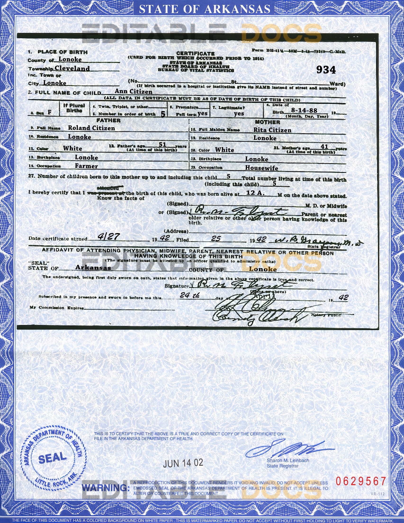 Authentic USA Arkansas Birth Certificate Template | Customize and Download Online