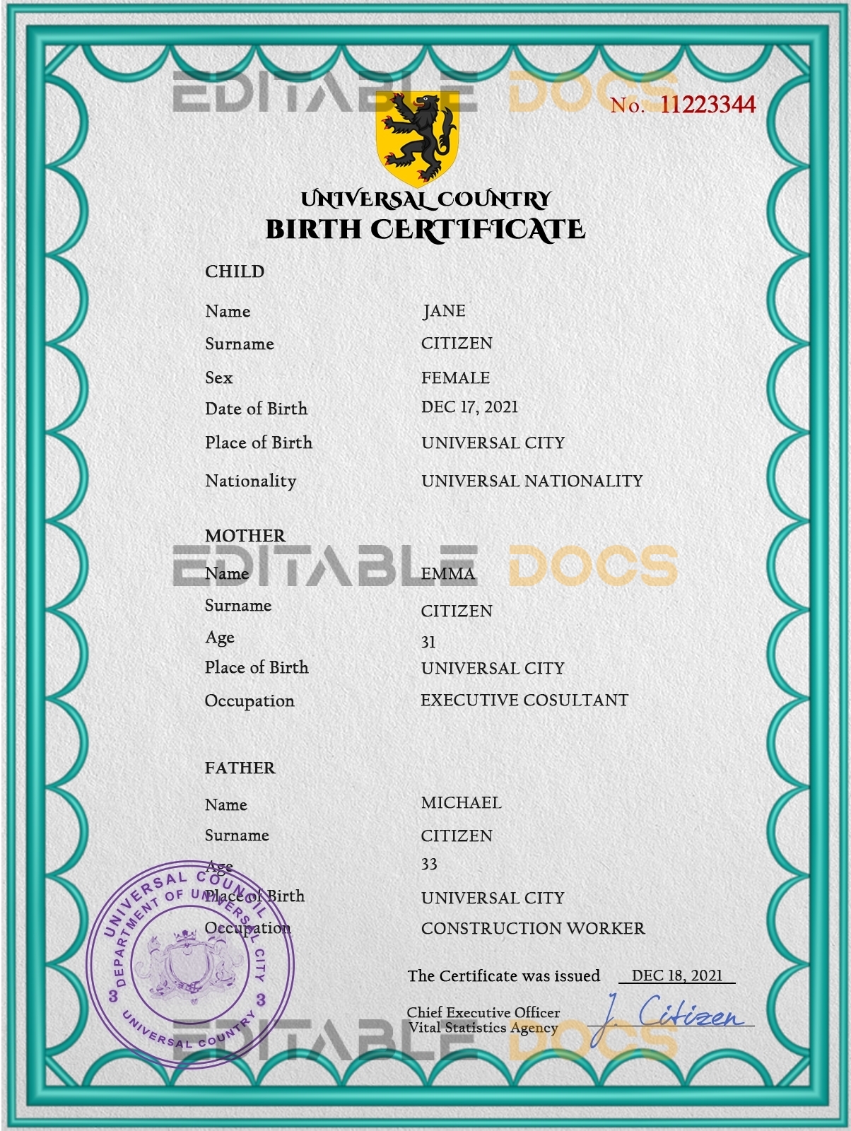 Authentic action universal Birth Certificate PSD Template | Customize and Download Online