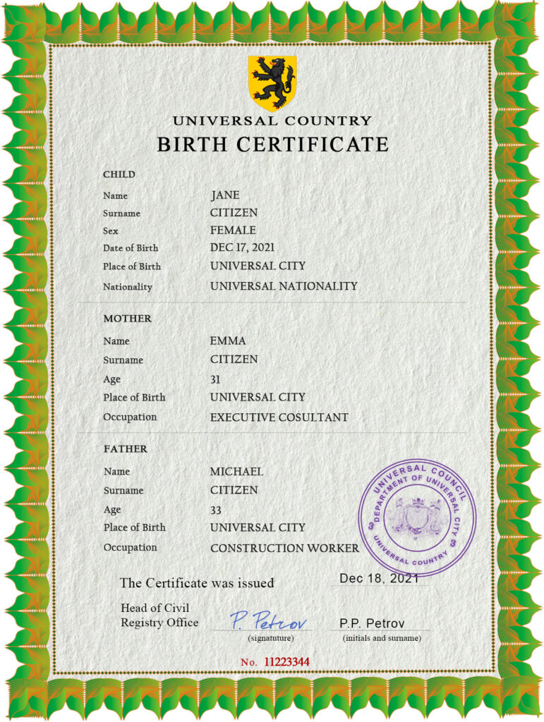 Authentic bold universsio universal Birth Certificate PSD Template