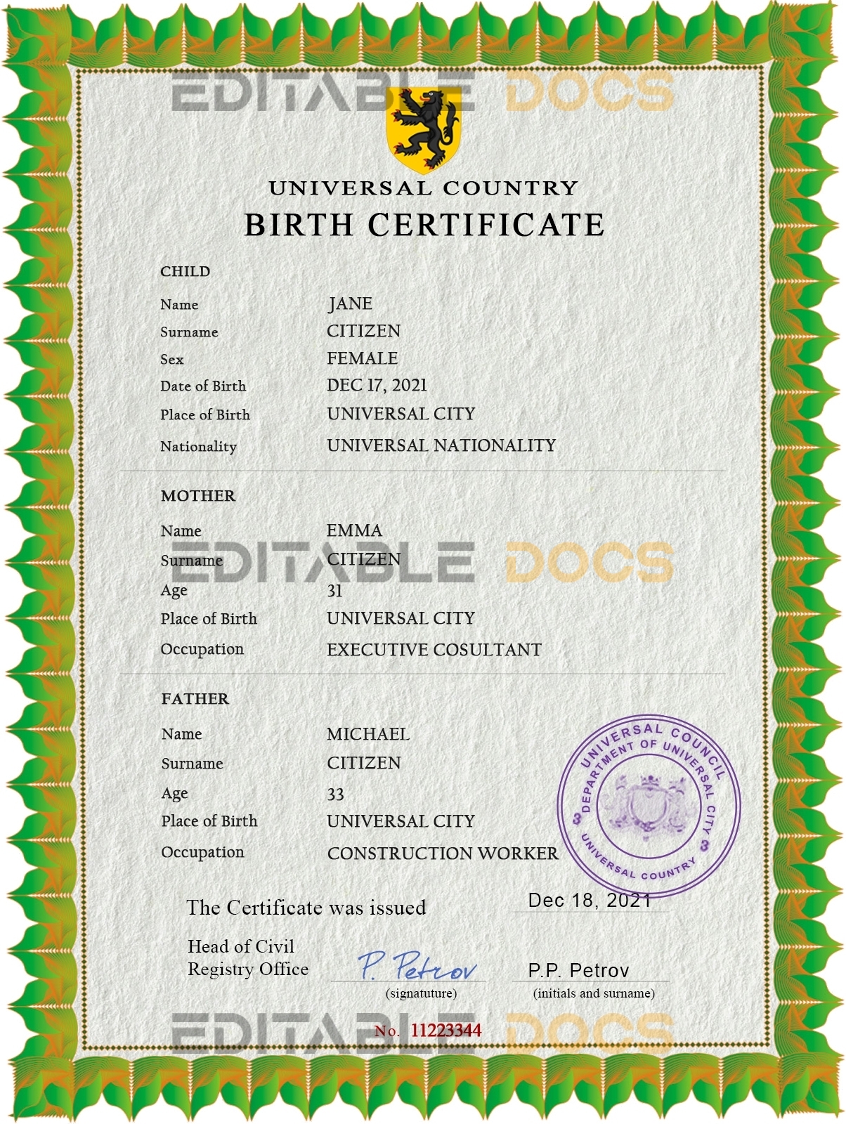 Authentic bold universsio universal Birth Certificate PSD Template | Customize and Download Online