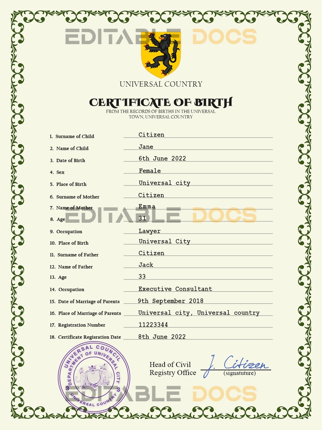 Authentic foster universal Birth Certificate PSD Template | Customize and Download Online