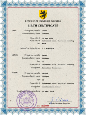 Authentic mass project universal Birth Certificate PSD Template