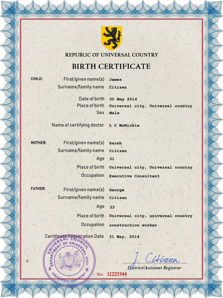 Authentic mass project universal Birth Certificate PSD Template