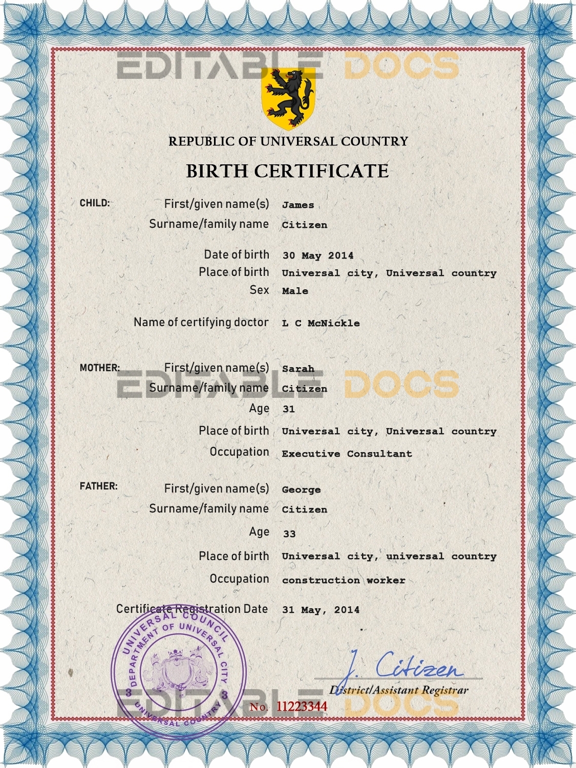 Authentic mass project universal Birth Certificate PSD Template | Customize and Download Online