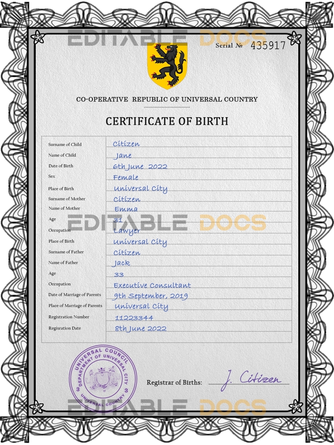 Authentic trident universal Birth Certificate PSD Template | Customize and Download Online