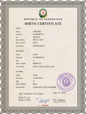 Authentic Azerbaijan Birth Certificate Template | Customize and Download Online