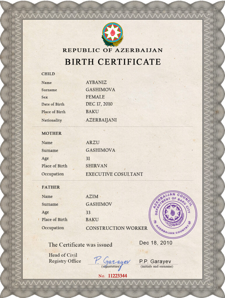 Authentic Azerbaijan Birth Certificate Template | Customize and Download Online