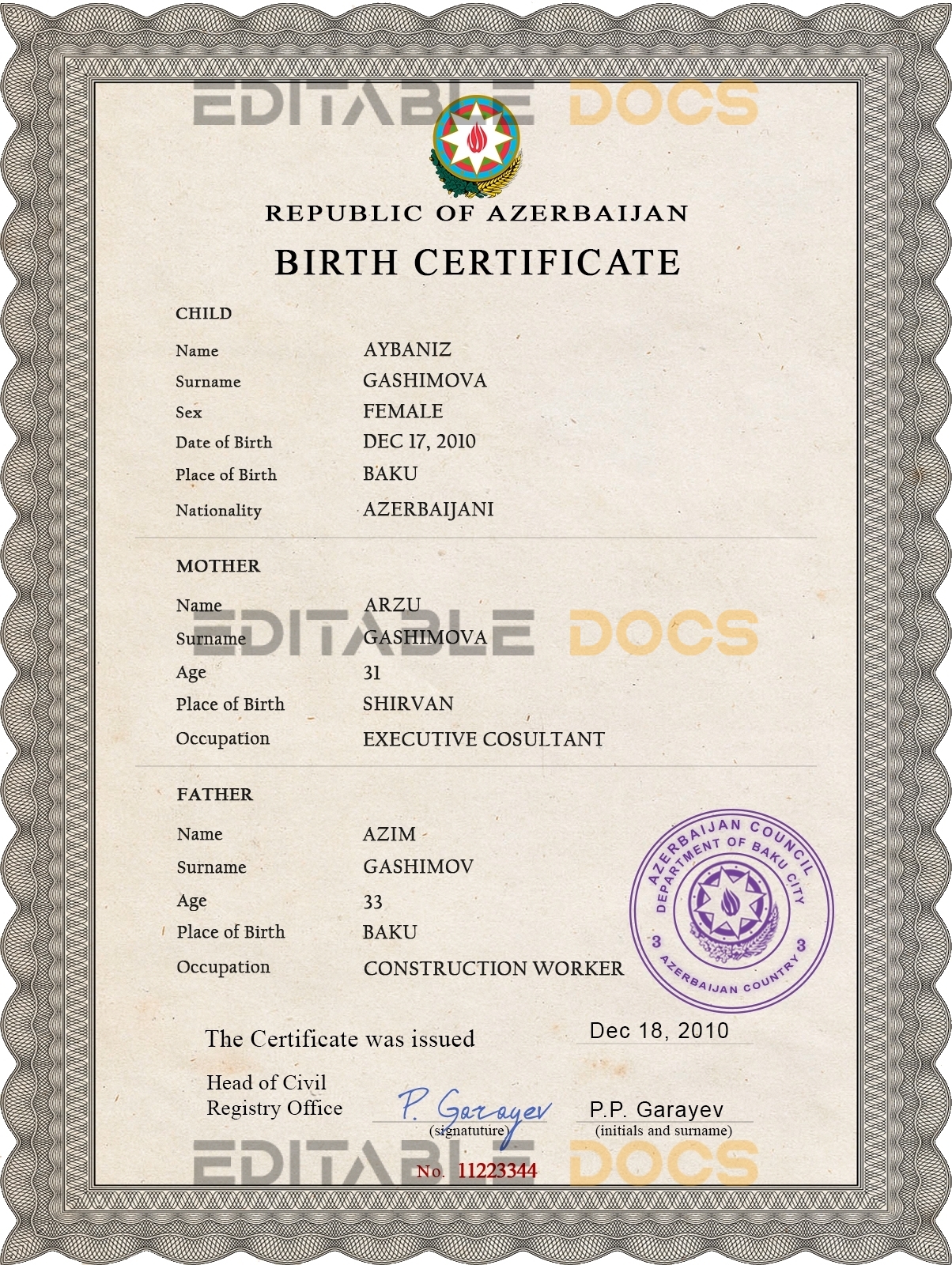 Authentic Azerbaijan Birth Certificate Template | Customize and Download Online