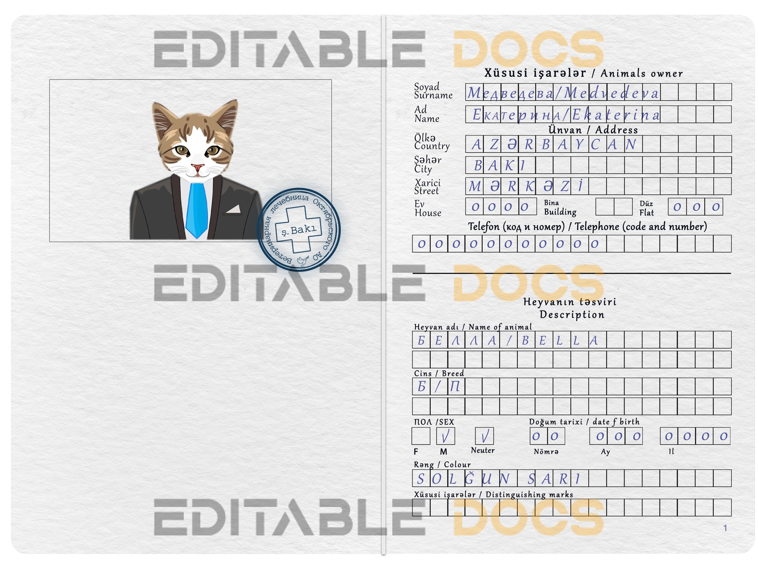 Azerbaijan cat Fake PSD Passport | Instant Download
