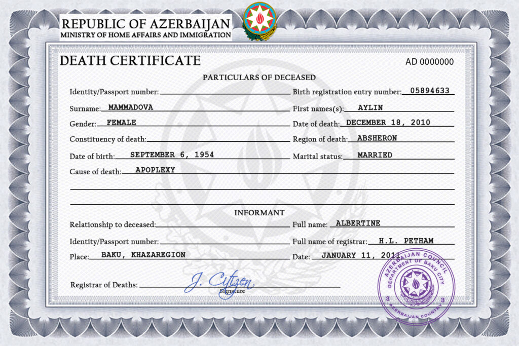 Azerbaijan vital record death certificate PSD template, completely editable