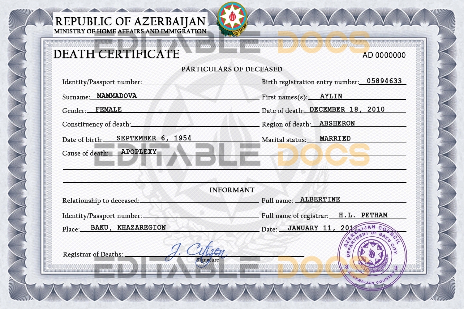 Customizable Azerbaijan Death Certificate PSD Templates | Instant Download