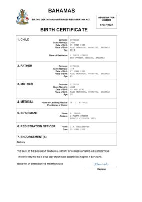 Bahamas vital record birth certificate Word and PDF template, completely editable