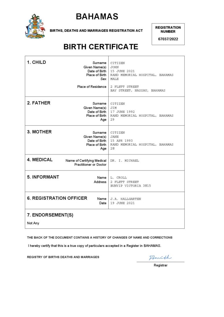 Bahamas vital record birth certificate Word and PDF template, completely editable