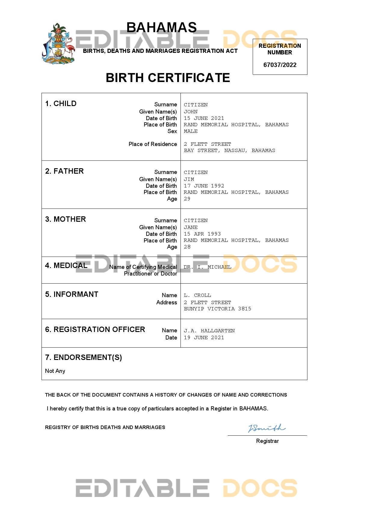 Authentic Bahamas Birth Certificate Template | Customize and Download Online