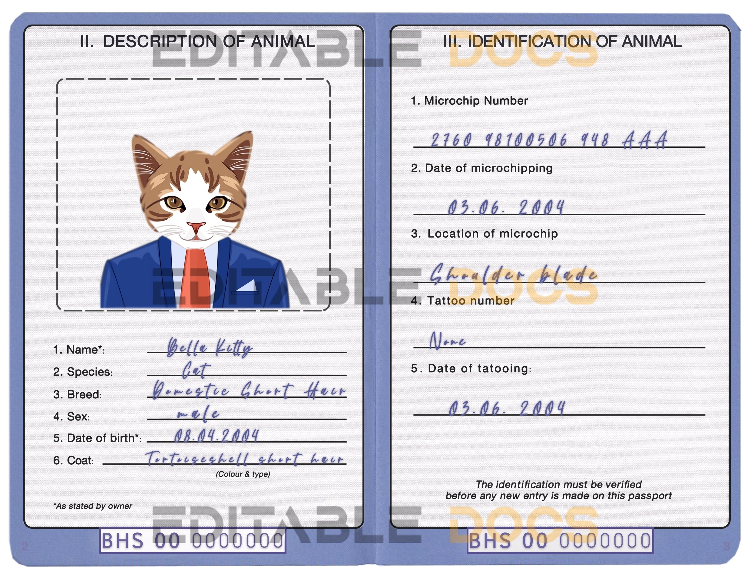 Bahamas cat Fake PSD Passport | Instant Download