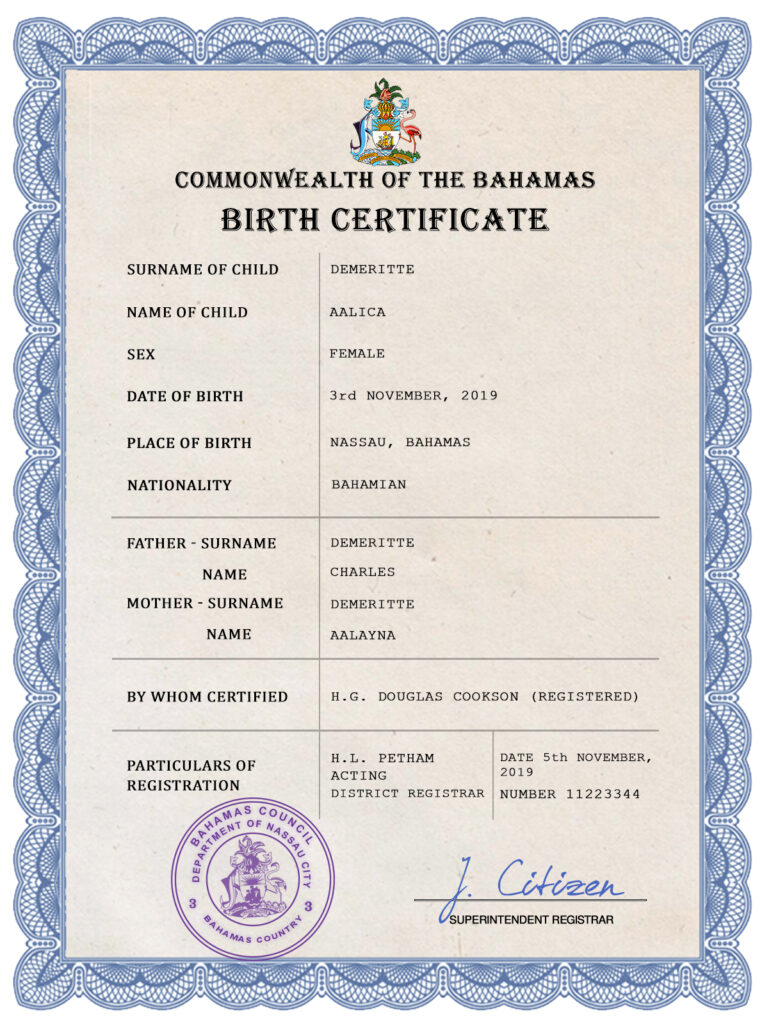 Authentic Bahamas Birth Certificate Template | Customize and Download Online