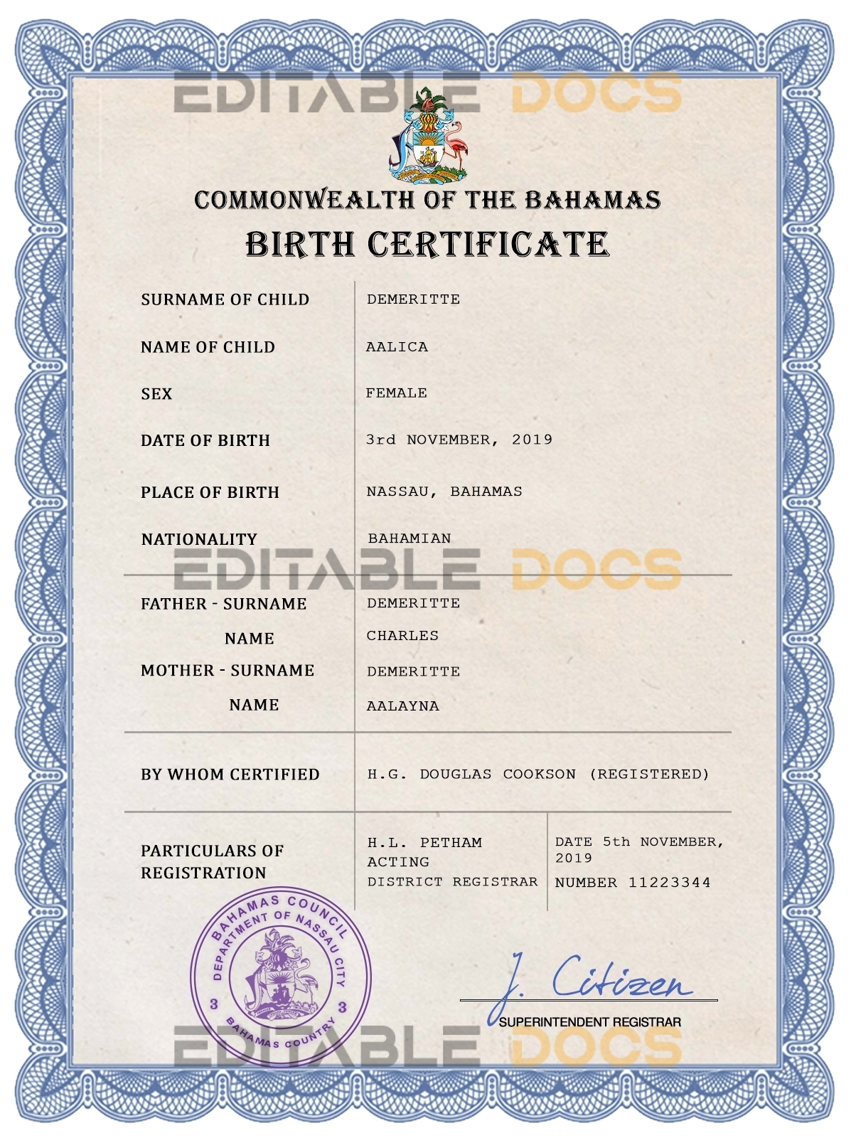 Authentic Bahamas Birth Certificate Template | Customize and Download Online