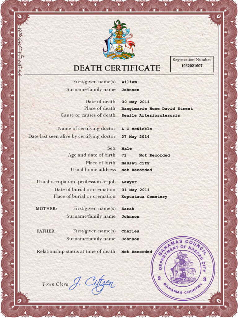 Bahamas vital record death certificate PSD template